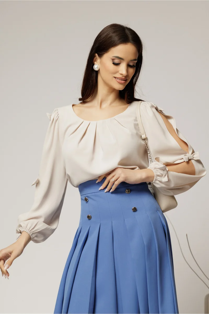 Bluza Dy Fashion ivoar din voal plin cu maneci crapate si fundite