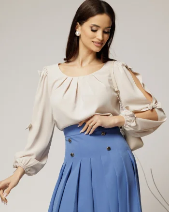 Bluza Dy Fashion ivoar din voal plin cu maneci crapate si fundite