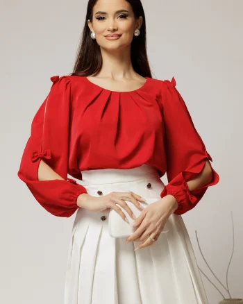 Bluza Dy Fashion rosie din voal plin cu maneci crapate si fundite