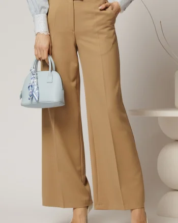 Pantaloni DY Fashion lungi bej din stofa si croi lejer