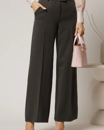 Pantaloni DY Fashion lungi gri inchis din stofa si croi lejer