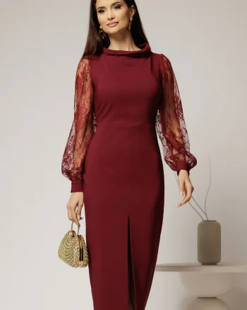 Rochie midi bordo conica cu maneci din dantela si guler barcuta