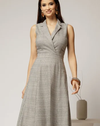 Sarafan DY Fashion din carou bej cu decolteu petrecut