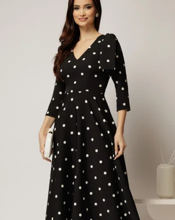 Rochie DY Fashion neagra cu buline albe si funda pe umar