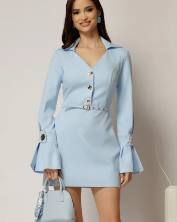 Rochie DY Fashion bleu cu maneci evazate si decolteu cu guler
