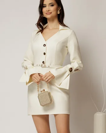 Rochie DY Fashion ivoar cu maneci evazate si decolteu cu guler