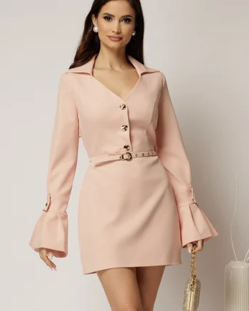 Rochie DY Fashion roz cu maneci evazate si decolteu cu guler