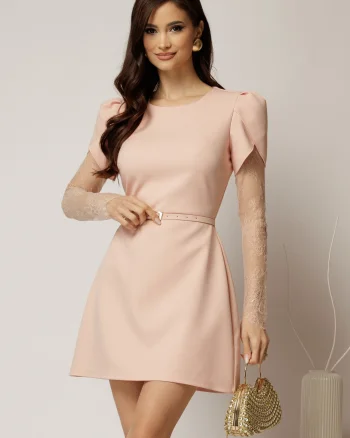 Rochie DY Fashion scurta roz cu maneci din dantela si curea in talie