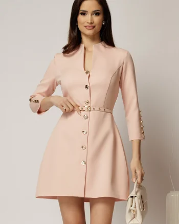Rochie DY Fashion scurta roz cu inchidere cu nasturi si curea in talie