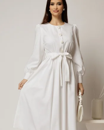 Rochie DY Fashion midi alba din bumbac cu nasturi pe bust si cordon in talie