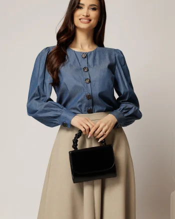 Bluza DY Fashion bleumarin din bumbac cu maneci lungi si nasturi eleganti