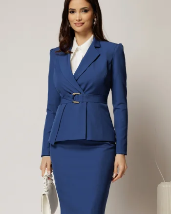 Sacou DY Fashion albastru cambrat cu inchidere cu nasturi si cordon cu catarama