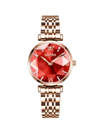 Ceas de dama Olevs CS1633, otel inoxidabil, rose gold, cadran rosu