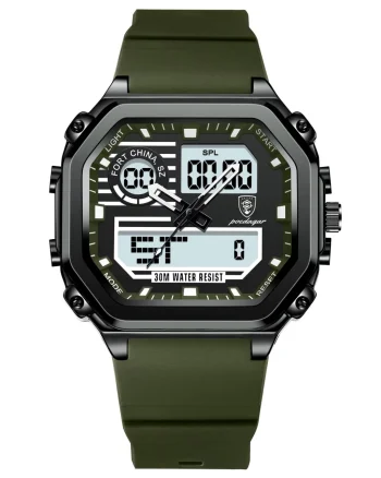 Ceas barbatesc digital Poedagar CS1764, silicon, verde, cadran negru