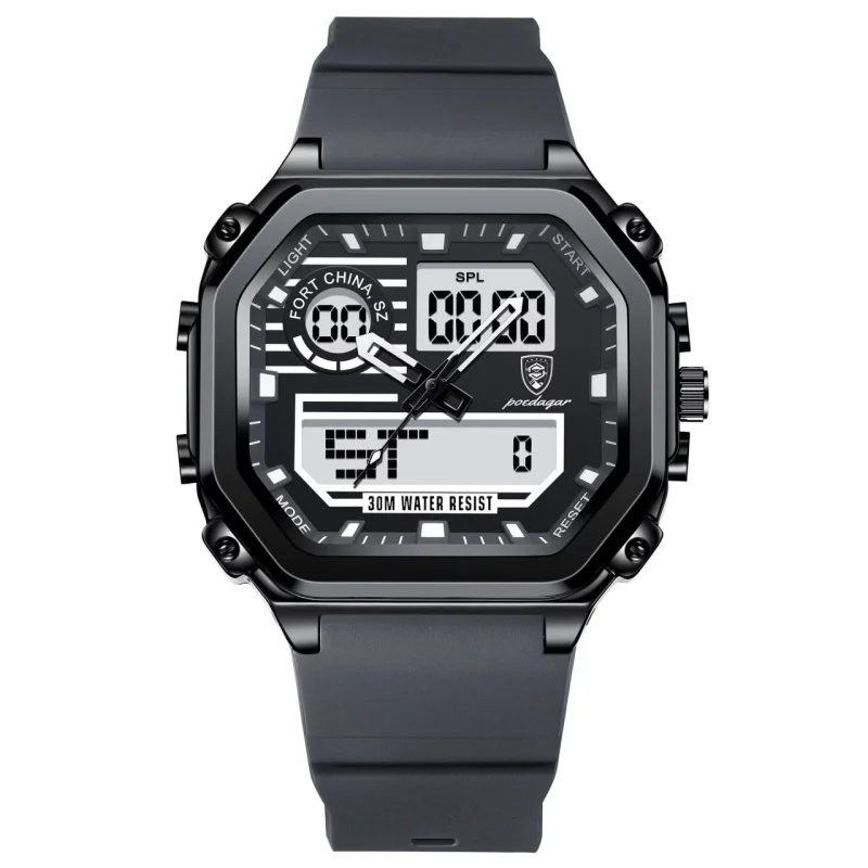 Ceas barbatesc digital Poedagar CS1765, silicon, gri, cadran negru