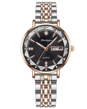 Ceas dama Poedagar CS1372, otel inoxidabil, argintiu-rose gold, cadran negru