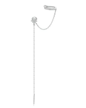 Cercel ear cuff argint 925, JW1007, model stea cu lant, placat cu rodiu