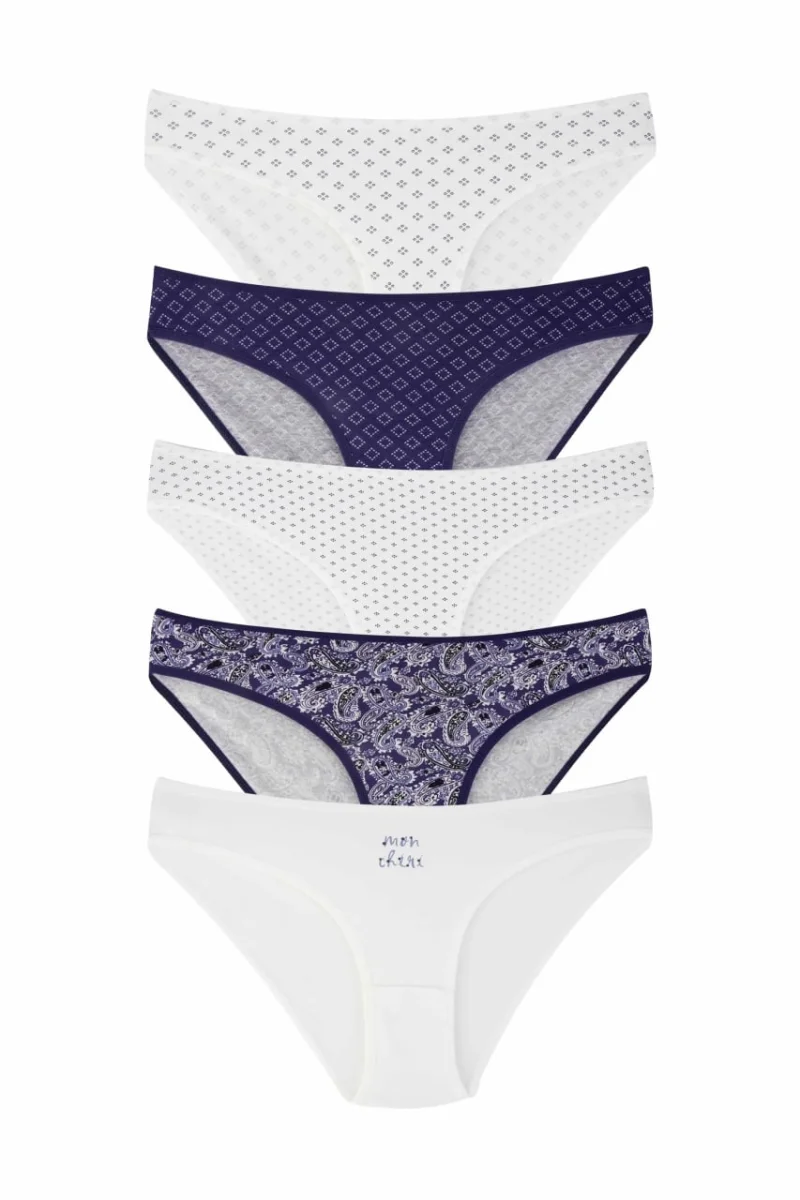 Set 5 perechi de chiloti din bumbac, pentru dama, 33500, Alb/Albastru