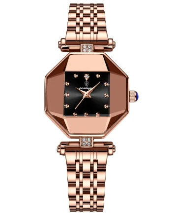 Ceas dama Poedagar CS1504, otel inoxidabil, rose gold, cadran negru