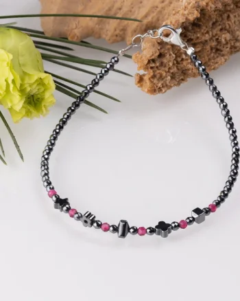 Bratara argint subtire din hematit argintiu inchis si cubic zirconia roz trandafiriu 1.5 mm