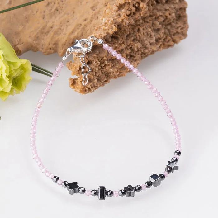 Bratara argint subtire roz deschis din cubic zirconia si hematit