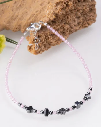 Bratara argint subtire roz deschis din cubic zirconia si hematit