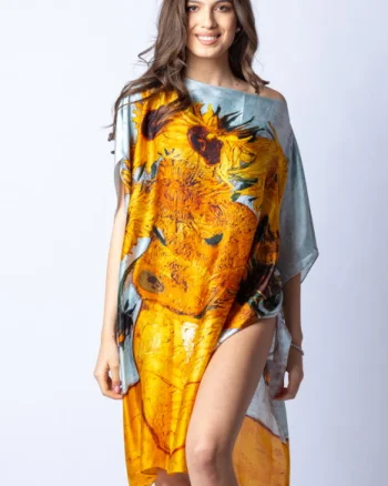 Rochie de plaja tip poncho din matase cu stilizare   Floarea Soarelui   pe fond gri