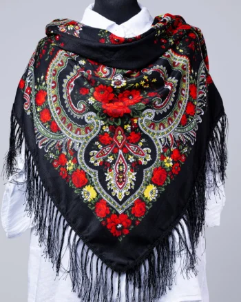 Esarfa gipsy patrata mare, tip Pavlovo Posad cu imprimeu floral traditional pe fond negru