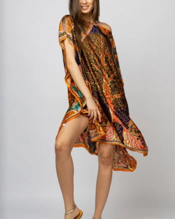 Rochie de plaja tip poncho din matase cu Pomul Vietii pe fond portocaliu