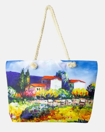 Geanta de plaja din material textil, cu imprimeu dupa o pictura cu casute si gradini