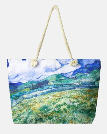 Geanta de plaja din material textil, imprimata cu reproducere dupa tablou cu lanuri de Van Gogh