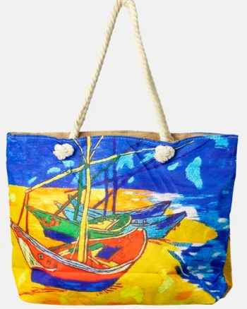 Geanta de plaja din material textil, cu imprimeu inspirat din pictura   Barci pe plaja   a lui Vincent Van Gogh