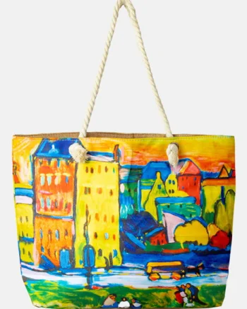 Geanta de plaja din material textil, dupa tablou celebru cu case multicolore
