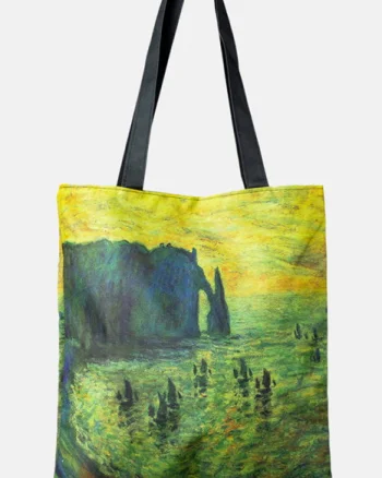 Geanta shopper din material textil, cu imprimeu inspirat dintr-o pictura cu peisaj marin la apus