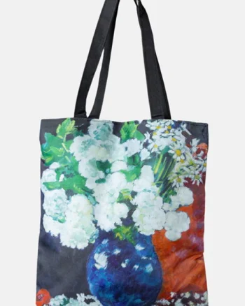Geanta shopper din material textil, dupa o pictura cu flori albe in vaza