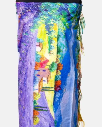 Esarfa cashmere cu doua fete imprimata dupa reproducerea unui tablou cu campuri de lavanda