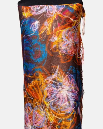 Esarfa cashmere cu fir din lurex, flori stilizate pe fond maron