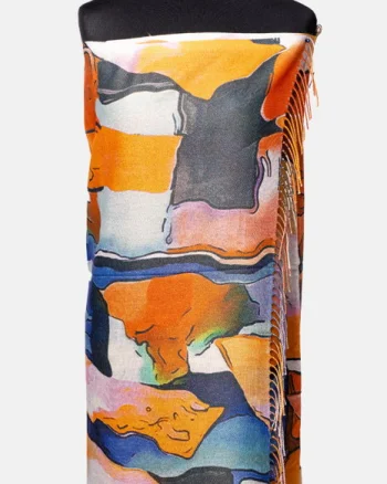 Esarfa cashmere cu fir din lurex, model abstract portocaliu, albastru si bej
