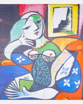 Esarfa patrata cu o singura fata imprimata cu reproducerea dupa   Fata in fata oglinzii   a lui Picasso