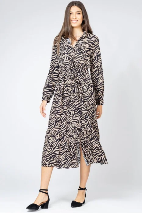 Rochie lunga animal print, tip camasa, din vascoza