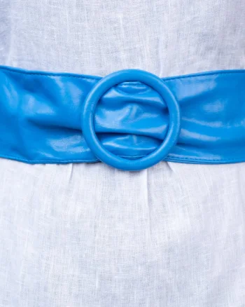 Curea albastra din piele ecologica cu latime de 7 cm, catarama rotunda