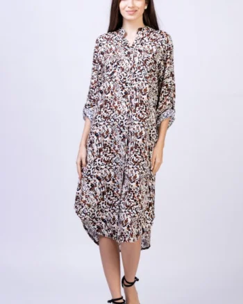 Rochie camasa din vascoza, lunga, cu imprimeu animal print bej-negru