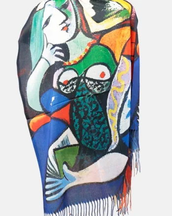 Esarfa cashmere cu doua fete imprimata cu reproducere dupa    Femeie cu carte   lui Picasso