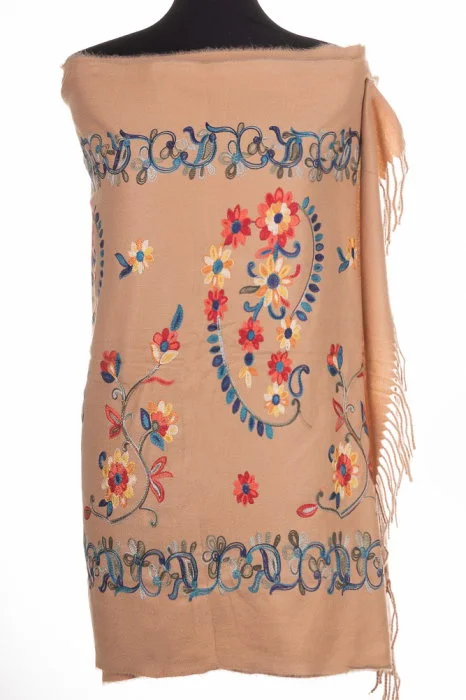 Esarfa cashmere cu model floral brodat pe fond camel