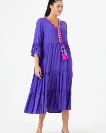 Rochie albastra din vascoza cu volane si ciucuri colorati