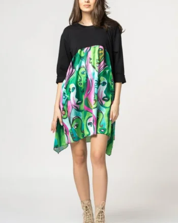Rochie trendy cu imprimeu chipuri predominant verde, din bumbac