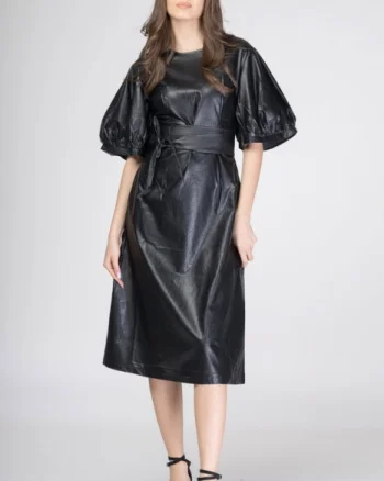 Rochie lunga cambrata din piele ecologica cu maneci bufante