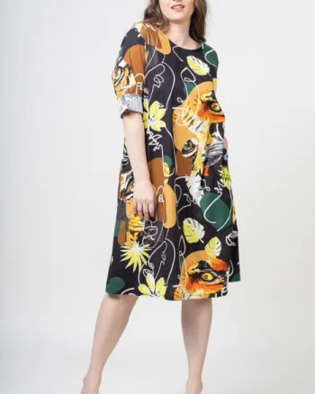 Rochie midi din bumbac cu imprimeu abstract pe fond negru