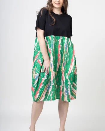 Rochie lalea cu bust negru si imprimeu predominant verde