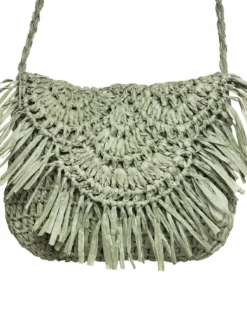 Geanta crossbody mica impletita cu franjuri decorativi pe capac, verde prafuit